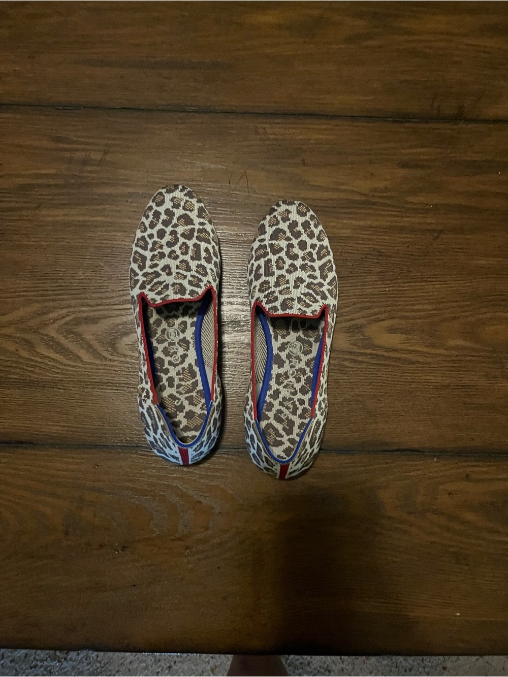Rothy's Leopard Print Slip-On Loafers with Red & Blue Trim
